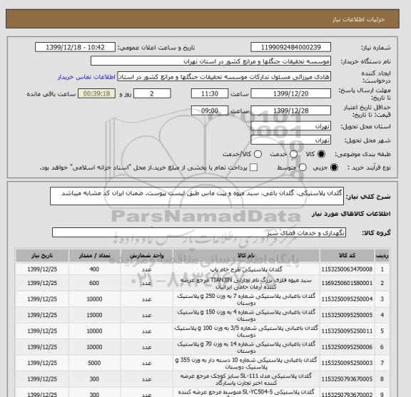 استعلام گلدان پلاستیکی، گلدان باغی، سبد میوه و پیت ماس طبق لیست پیوست. ضمنان ایران کد مشابه میباشد