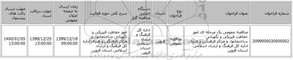 مناقصه عمومی یک مرحله ای امور حفاظت فیزیکی و نگهبانی ساختمانها، و مراکز فرهنگی و هنری اداره کل فرهنگ و ارشاد اسلامی استان قزوین