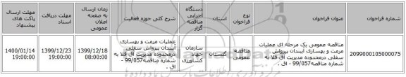 مناقصه عمومی یک مرحله ای عملیات مرمت و بهسازی آببندان پیرواش سفلی درمحدوده مدیریت آق قلا به شماره مناقصه99/057 - اق . 
