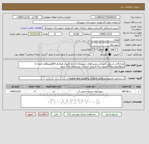 استعلام تعداد4باب استخر ذخیره آب روستاهای شهربابک باحجم آبگیری هرکدام 200مترمکعب جمعا به مبلغ2میلیاردو400میلیون ریال از محل اعتبارات روستاهای فاقد شورا