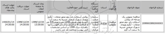 مناقصه عمومی یک مرحله ای روکش آسفالت باند دوم محور محلات - آبگرم ورودی شهرک صنعتی صدریه  به سمت آب گرم 