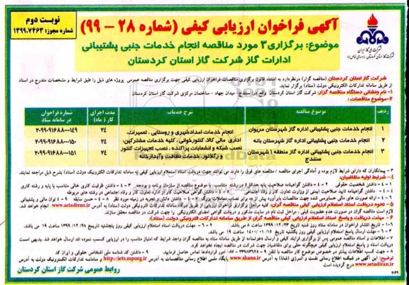 فراخوان ارزیابی کیفی 3 مورد مناقصه انجام خدمات جنبی پشتیبانی ادارات گاز...