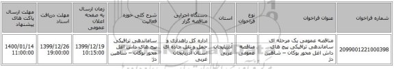 مناقصه عمومی یک مرحله ای ساماندهی ترافیکی پیج های داش اغل محور  بوکان – شاهین دژ