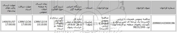 مناقصه عمومی همزمان با ارزیابی (فشرده) یک مرحله ای ایمن سازی و نگهداری راههای منطقه دو استان نوبت اول -99/31/240