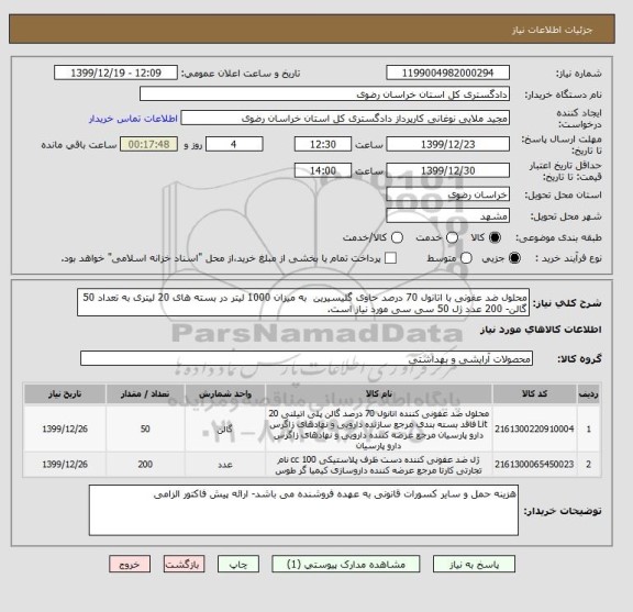 استعلام محلول ضد عفونی با اتانول 70 درصد حاوی گلیسیرین  به میزان 1000 لیتر در بسته های 20 لیتری به تعداد 50 گالن- 200 عدد ژل 50 سی سی مورد نیاز است.