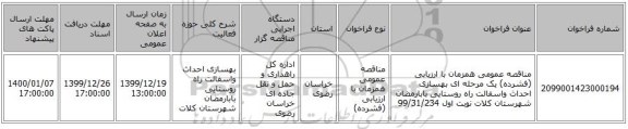 مناقصه عمومی همزمان با ارزیابی (فشرده) یک مرحله ای بهسازی احداث واسفالت راه روستایی بابارمضان شهرستان کلات نوبت اول 99/31/234