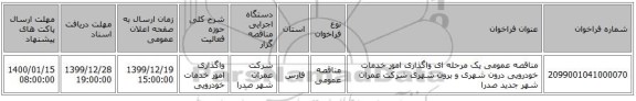 مناقصه عمومی یک مرحله ای واگذاری امور خدمات خودرویی درون شهری و برون شهری شرکت عمران شهر جدید صدرا 