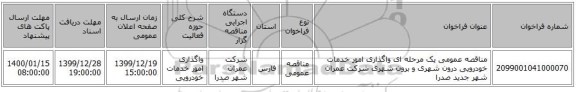 مناقصه عمومی یک مرحله ای واگذاری امور خدمات خودرویی درون شهری و برون شهری شرکت عمران شهر جدید صدرا 