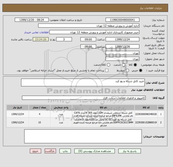 استعلام خرید کابل شبکه و پچ کرد