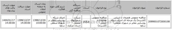 مناقصه عمومی همزمان با ارزیابی (فشرده) یک مرحله ای اجرای شبکه روشنایی معابر در شهرک صنعتی ساوه 