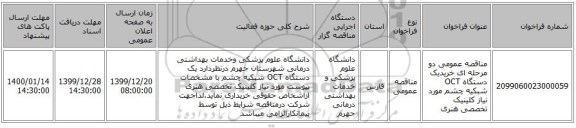 مناقصه عمومی دو مرحله ای خریدیک دستگاه OCT شبکیه چشم مورد نیاز کلینیک تخصصی هنری