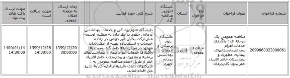 مناقصه عمومی یک مرحله ای : واگذاری خدمات اعزام بیمارازبیمارستانهای پیمانیه، مطهری  و بیمارستان خاتم الانبیاء خفر بدون کادردرمان 