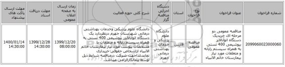 مناقصه عمومی دو مرحله ای خریدیک دستگاه اتوآنالایز بیوشیمی 400 تستی به همراه سیستم رایانه و متعلقات مورد نیاز بیمارستان خاتم الانبیاء
