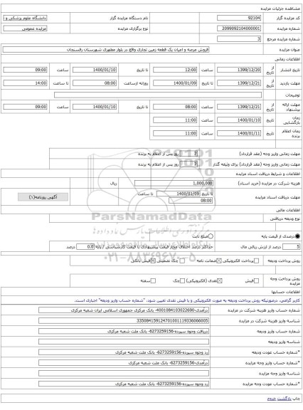 فروش عرصه و اعیان یک قطعه زمین تجاری واقع در بلوار مطهری شهرستان رفسنجان