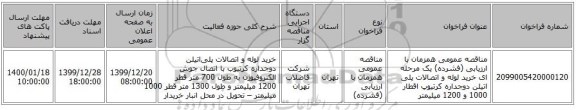 مناقصه عمومی همزمان با ارزیابی (فشرده) یک مرحله ای خرید لوله و اتصالات پلی اتیلن دوجداره کرتیوپ اقطار 1000 و 1200 میلیمتر 