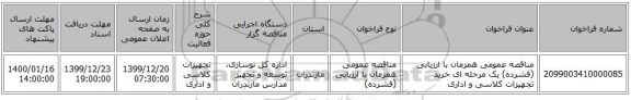 مناقصه عمومی همزمان با ارزیابی (فشرده) یک مرحله ای خرید تجهیزات کلاسی و اداری