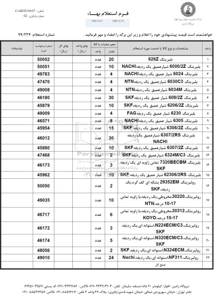 استعلام, استعلام بلبرینگ 626Z ... 