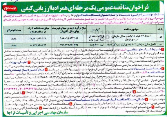 فراخوان مناقصه , مناقصه عمومی احداث 14 بلوک 18 واحدی منازل سازمانی ...  نوبت اول و دوم