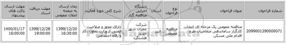 مناقصه عمومی یک مرحله ای انتخاب کارگزار ساماندهی متقاضیان طرح اقدام ملی مسکن