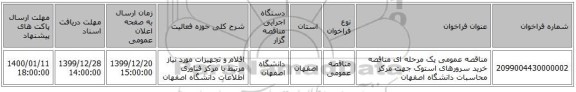 مناقصه عمومی یک مرحله ای مناقصه خرید سرورهای استوک جهت مرکز محاسبات دانشگاه اصفهان