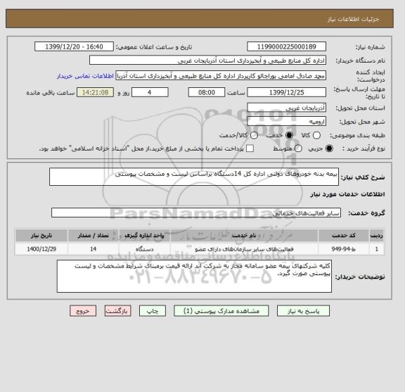 استعلام بیمه بدنه خودروهای دولتی اداره کل 14دستگاه براساس لیست و مشخصات پیوستی