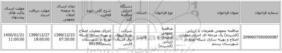 مناقصه عمومی همزمان با ارزیابی (فشرده) یک مرحله ای اجرای عملیات اصلاح و بهینه سازی شبکه توزیع در شهرستان رستم