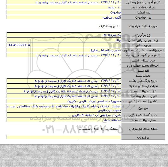عملیات حفاری و لوله گذاری چاههای مشاهده ای محدوده های مطالعاتی غرب و جنوب غرب فارس
