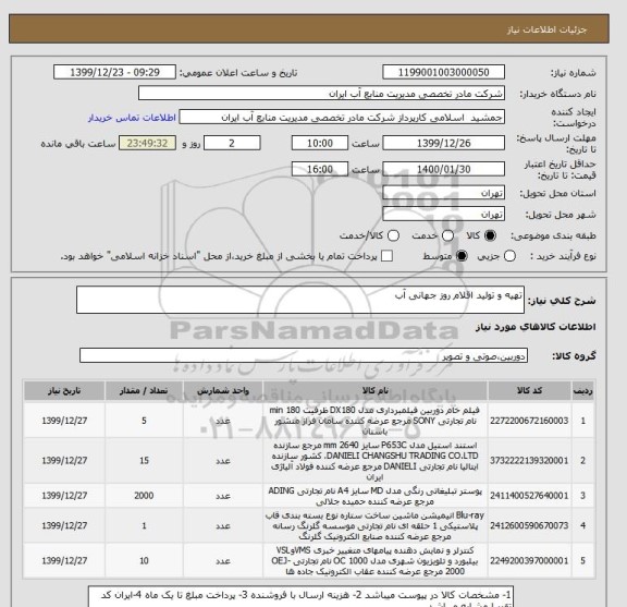 استعلام تهیه و تولید اقلام روز جهانی آب