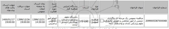 مناقصه عمومی یک مرحله ای واگذاری حجمی از امور حفاظتی و امنیتی دانشکده علوم پزشکی آبادان و واحدهای تابعه