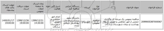مناقصه عمومی یک مرحله ای واگذاری حجمی از امور حفاظتی و امنیتی شبکه بهداشت و درمان شهرستان شادگان