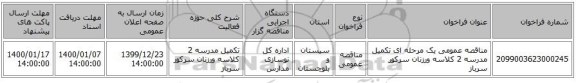 مناقصه عمومی یک مرحله ای تکمیل مدرسه 2 کلاسه ورزنان سرکور سرباز