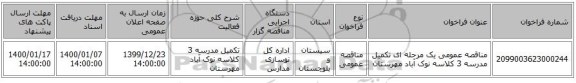 مناقصه عمومی یک مرحله ای تکمیل مدرسه 3 کلاسه نوک آباد مهرستان