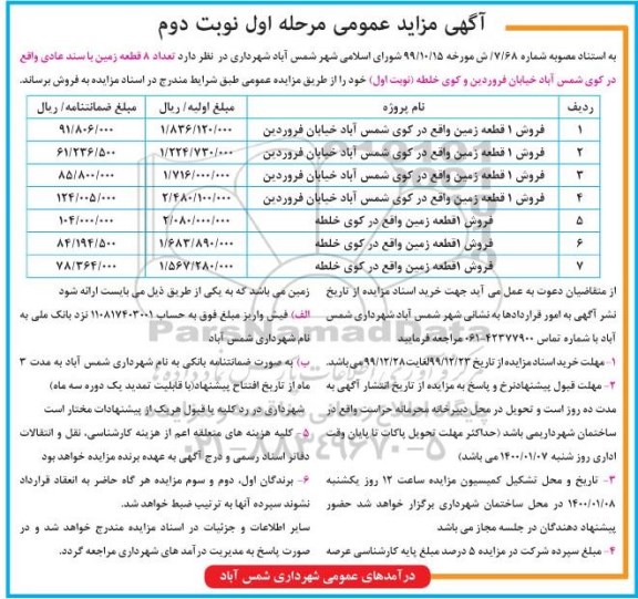 مزایده، مزایده فروش 7 قطعه زمین مرحله اول نوبت دوم 