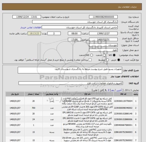 استعلام تجهیزات پسیو طبق شرح پیوست مربوط به دادگستری شهرستان کارون