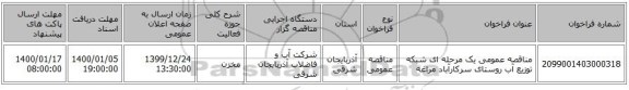 مناقصه عمومی یک مرحله ای شبکه توزیع آب روستای سرکارآباد مراغه