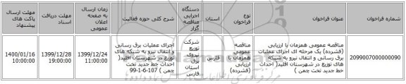 مناقصه عمومی همزمان با ارزیابی (فشرده) یک مرحله ای اجرای عملیات برق رسانی و انتقال نیرو به شبکه های توزیع در شهرستان اقلید( احداث خط جدید تخت چمن )