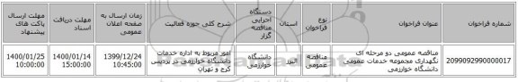 مناقصه عمومی دو مرحله ای  نگهداری مجموعه خدمات عمومی دانشگاه خوارزمی 