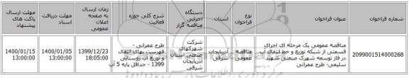 مناقصه عمومی یک مرحله ای اجرای قسمتی از شبکه توزیع و خط انتقال آب در فاز توسعه شهرک صنعتی شهید سلیمی- طرح عمرانی