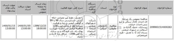 مناقصه عمومی یک مرحله ای احداث کانال سنگی و آبرو بتنی،احداث خیابان، زیرسازی، جدول گذاری و آسفالت در شهرک صنعتی بستان آباد 2- با تعدیل - طرح غیرعمرانی