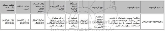 مناقصه عمومی همزمان با ارزیابی (فشرده) یک مرحله ای  اجرای عملیات قسمتی از خط انتقال آب قشلاقات شهرستان کلیبر 