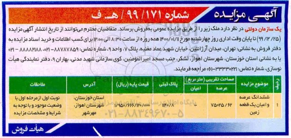 مزایده، مزایده فروش ششدانگ عرصه و اعیان یک قطعه زمین