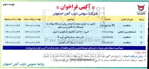 فراخوان، فراخوان تامین و اجرای عملیات اتصال ریلی ایستگاه پولاد به ایستگاه راه آهن .... نوبت دوم 