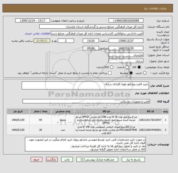 استعلام خرید لامپ پروژکتور موزه کلبادی ساری 