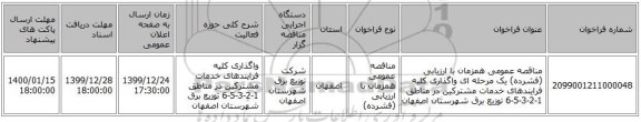 مناقصه عمومی همزمان با ارزیابی (فشرده) یک مرحله ای واگذاری کلیه فرایندهای خدمات مشترکین در مناطق 1-2-3-5-6  توزیع برق شهرستان اصفهان