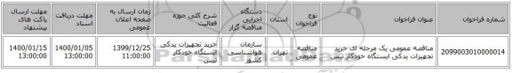 مناقصه عمومی یک مرحله ای خرید تجهیزات یدکی ایستگاه خودکار تیس