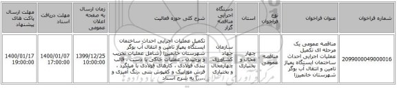 مناقصه عمومی یک مرحله ای تکمیل عملیات اجرایی احداث ساختمان ایستگاه پمپاژ تامین و انتقال آب بوگر شهرستان خانمیرزا