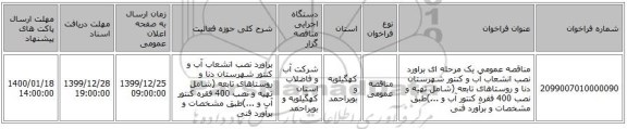 مناقصه عمومی یک مرحله ای براورد نصب انشعاب آب و کنتور شهرستان دنا و روستاهای تابعه (شامل تهیه و نصب 400 فقره کنتور آب و ...)طبق مشخصات و برآورد فنی