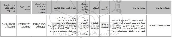 مناقصه عمومی یک مرحله ای براورد شماره 2 نصب انشعاب آب و کنتور شهرستان بویراحمدو روستاهای تابعه (شامل تهیه و نصب 650 فقره کنتور آب و ...)طبق مشخصات و ب