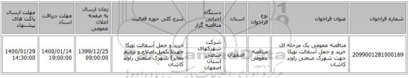 مناقصه عمومی یک مرحله ای خرید و حمل آسفالت توپکا جهت شهرک صنعتی راوند کاشان