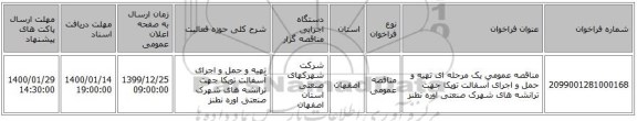 مناقصه عمومی یک مرحله ای تهیه و حمل و اجرای  آسفالت توپکا جهت ترانشه های شهرک صنعتی اوره نطنز